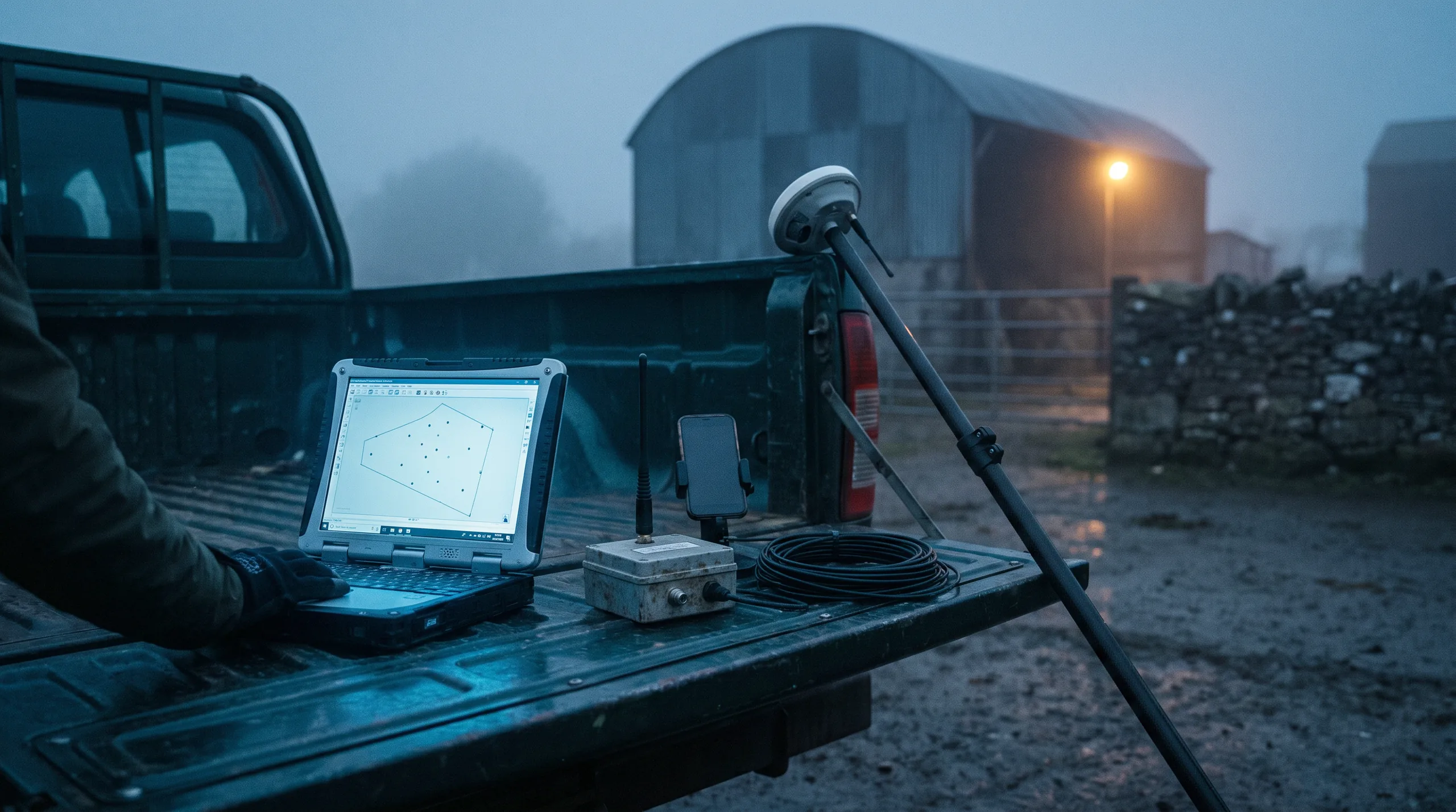 Field test rig on a pickup tailgate at dusk in an Irish farmyard