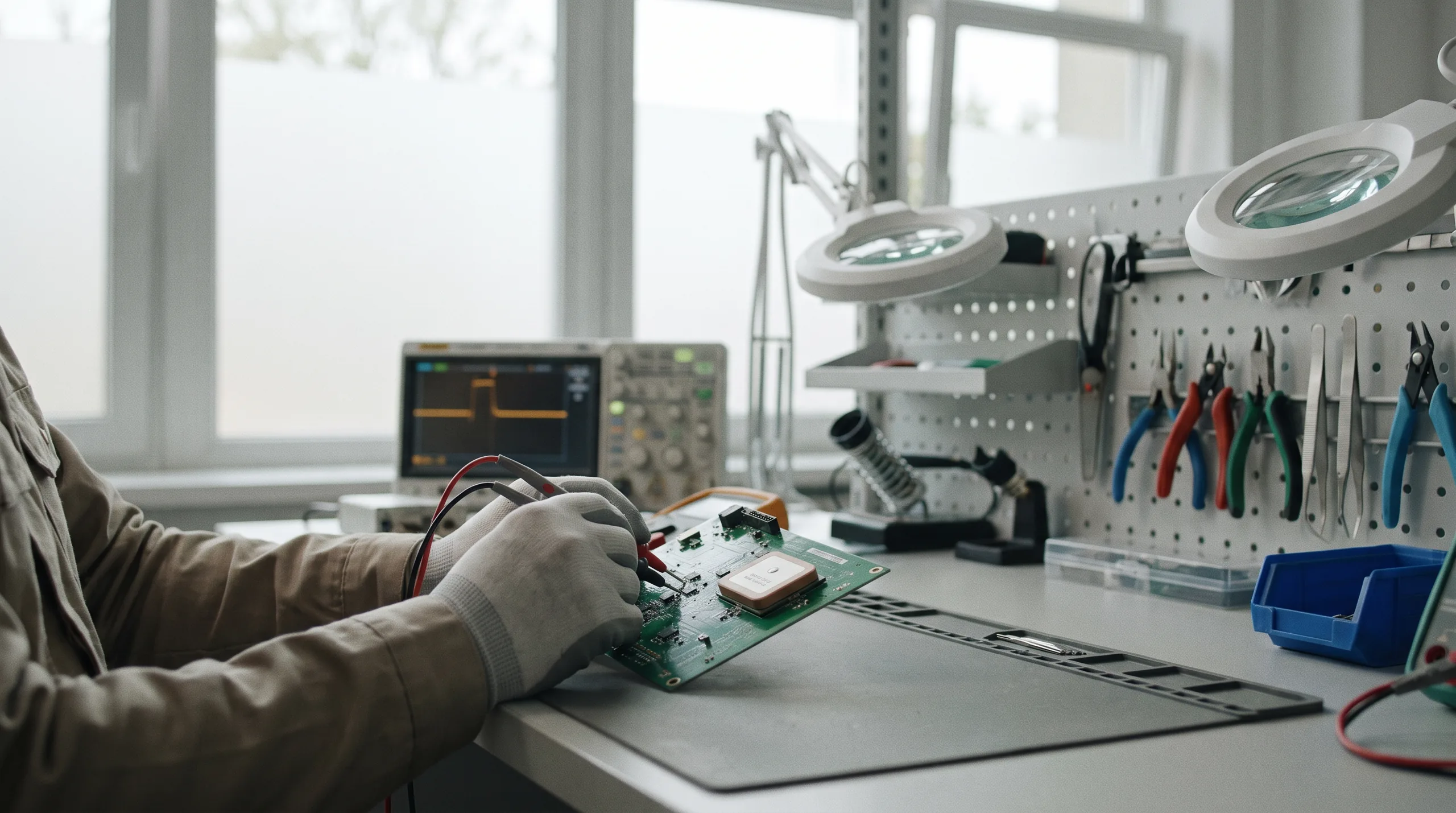 A bright electronics bench with a GNSS receiver board under test